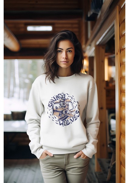 Premium Tarz Savage Wolves Baskılı Kadın Bisiklet Yaka Sweatshirt