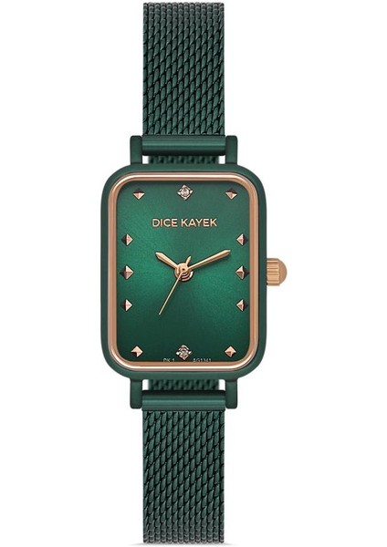 DK.1.AG1341.08 Hasır Kordon Dikdörtgen Kasa Minimal Taşlı Tasarım Yeşil Renk Kadın Kol Saati
