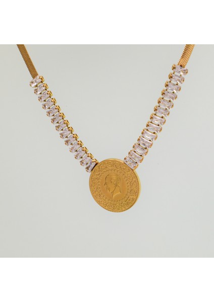 Çelik Kadın Kolye, Italyan Zincir Taşlı ve Para Detaylı, Gold Renk, No:89 fiyatları