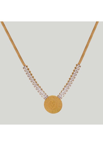 Çelik Kadın Kolye, Italyan Zincir Taşlı ve Para Detaylı, Gold Renk, No:89 modelleri
