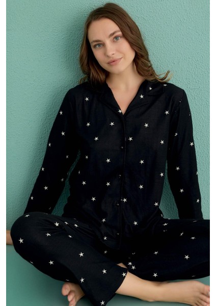 Kadın Uzun Kol Süet Gömlek Yaka Siyah Pijama Takımı C2T0N5O01-22