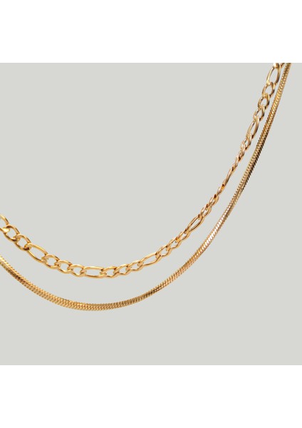 Çelik Kadın Kolye, Çift Zincir Detaylı, Gold Renk, No:87