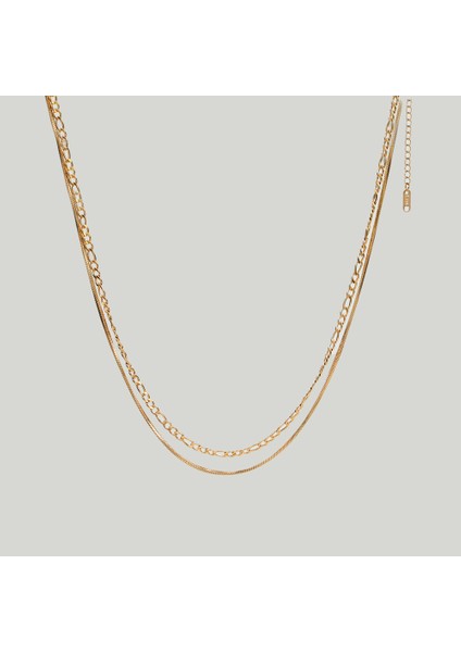 Çelik Kadın Kolye, Çift Zincir Detaylı, Gold Renk, No:87