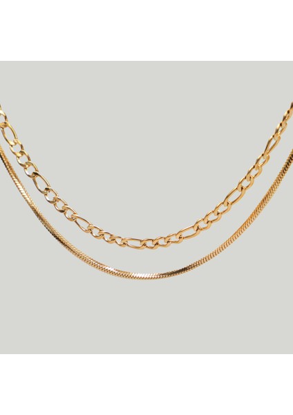 Çelik Kadın Kolye, Çift Zincir Detaylı, Gold Renk, No:87