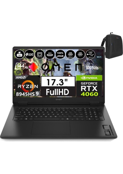Omen 17-DB0020NT Amd Ryzen 9-8945HS Aı 32GB Ddr5 4tb SSD 8gb/RTX4060 WINDOWS11PRO 17.3" 144Hz 7ms 300NITS Fhd IPS Taşınabilir Bilgisayar OMA44QREAW48+WEBLEGELSINÇANTA