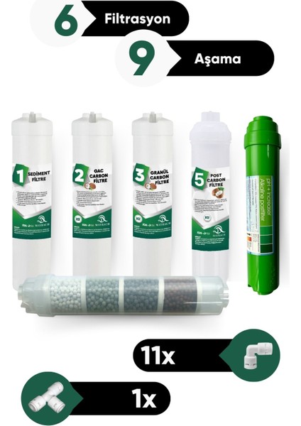 Su Arıtma 6 Filtre 9 Aşama Ph Alkalin Filtre Takımı 6 Filtre 9 Aşama Mineral Filtre Seti Membransız