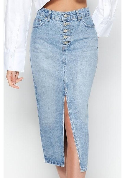 Modern Tarz Astarsız Denim Midi Boy Önden Düğmeli Yırtmaçlı Midi Denim Etek