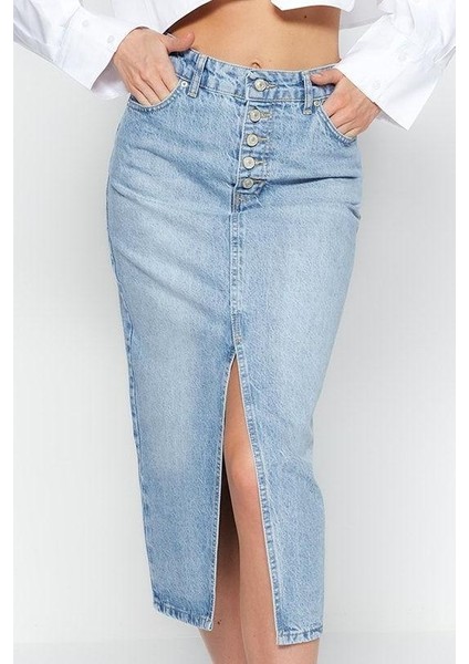 Modern Tarz Astarsız Denim Midi Boy Önden Düğmeli Yırtmaçlı Midi Denim Etek fiyatları