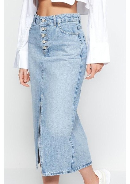 Modern Tarz Astarsız Denim Midi Boy Önden Düğmeli Yırtmaçlı Midi Denim Etek modelleri