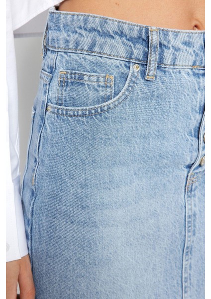 Modern Tarz Astarsız Denim Midi Boy Önden Düğmeli Yırtmaçlı Midi Denim Etek fırsatları