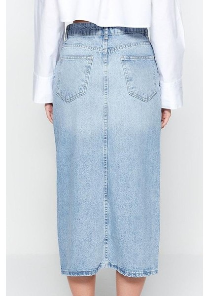 Modern Tarz Astarsız Denim Midi Boy Önden Düğmeli Yırtmaçlı Midi Denim Etek indirimleri