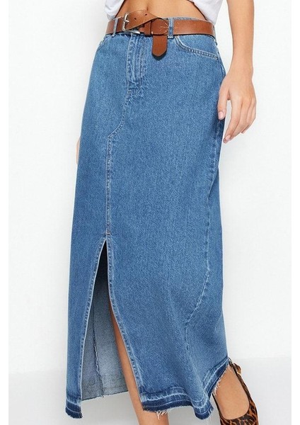 Modern Tarz Astarsız Denim Maxi Boy Yırtmaçlı Maxi Denim Etek