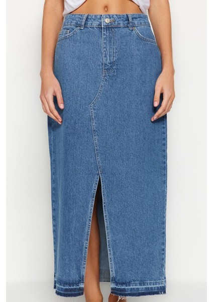 Modern Tarz Astarsız Denim Maxi Boy Yırtmaçlı Maxi Denim Etek fiyatları