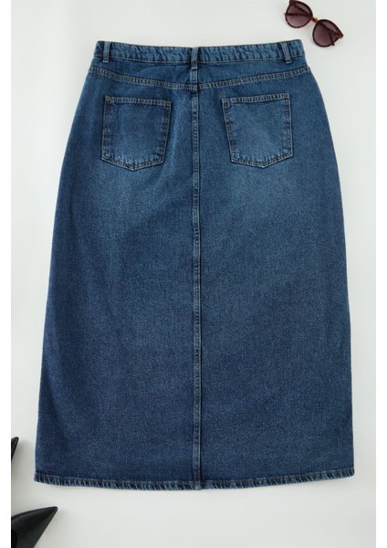 Modern Tarz Büyük Beden Astarsız Denim Midi Boy Yüksek Bel Yırtmaçlı Denim Etek