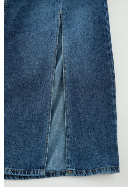 Modern Tarz Büyük Beden Astarsız Denim Midi Boy Yüksek Bel Yırtmaçlı Denim Etek modelleri