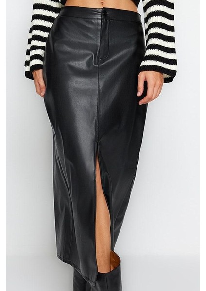 Modern Tarz Astarsız Örme Maxi Boy Yırtmaçlı Suni Deri Yüksek Bel Maxi Örme Etek