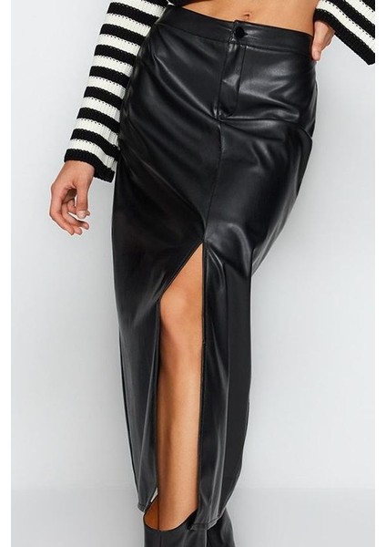 Modern Tarz Astarsız Örme Maxi Boy Yırtmaçlı Suni Deri Yüksek Bel Maxi Örme Etek fiyatları