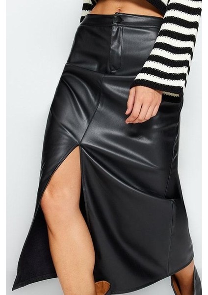 Modern Tarz Astarsız Örme Maxi Boy Yırtmaçlı Suni Deri Yüksek Bel Maxi Örme Etek modelleri