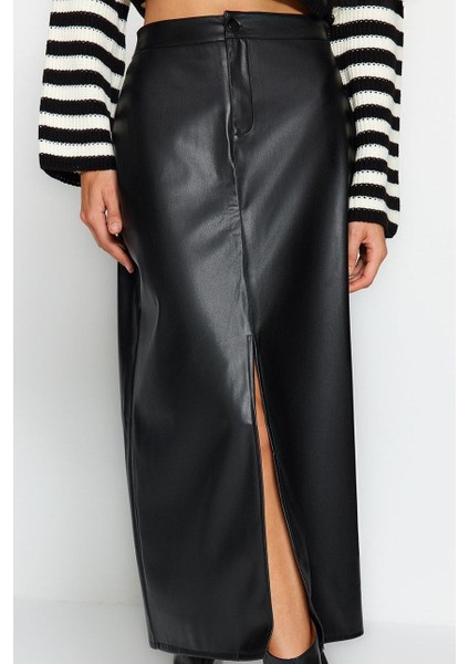 Modern Tarz Astarsız Örme Maxi Boy Yırtmaçlı Suni Deri Yüksek Bel Maxi Örme Etek fırsatları