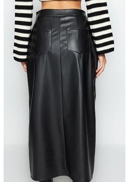 Modern Tarz Astarsız Örme Maxi Boy Yırtmaçlı Suni Deri Yüksek Bel Maxi Örme Etek indirimleri