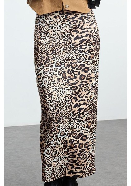 Modern Tarz Astarsız Örme Maxi Boy Kahverengi Leopar Animal Baskılı Beli Lastikli Maxi Kalem Etek modelleri