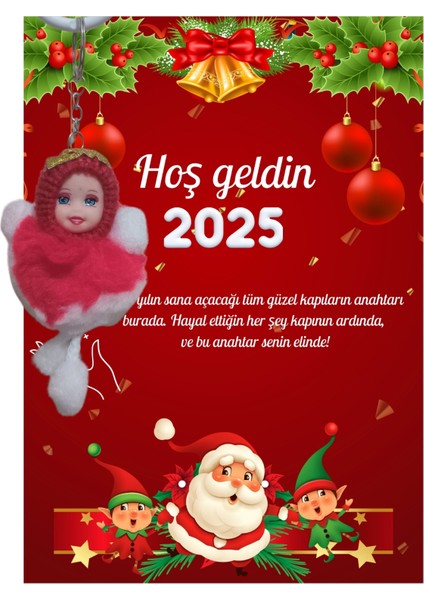 Yeni Yıl Noel Baba Kart Üzerinde Anahtarlık (Kişiye Özel Yazı Yazdırılabilir) Peluş Bebek