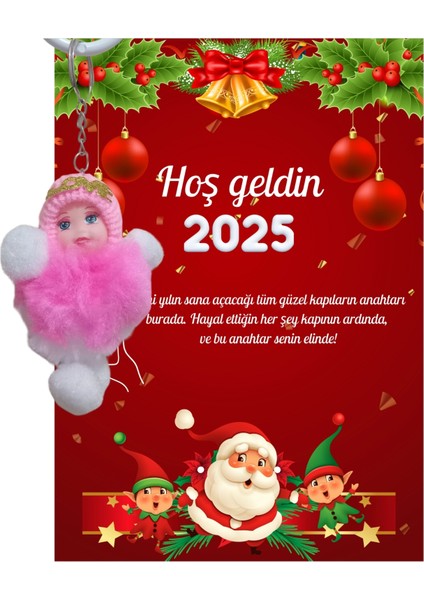 Yeni Yıl Noel Baba Kart Üzerinde Anahtarlık (Kişiye Özel Yazı Yazdırılabilir) Peluş Bebek