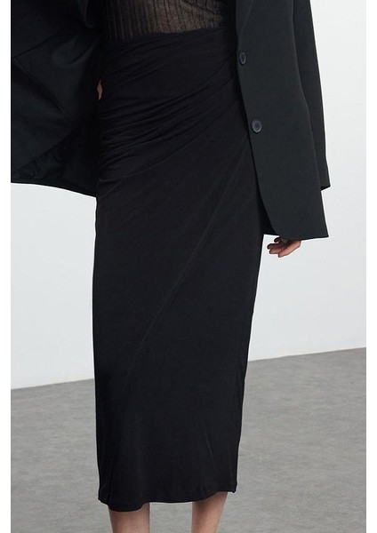 Modern Tarz Astarsız Örme Maxi Boy Büzgü Drape Detaylı Maxi Anvelop Esnek Etek