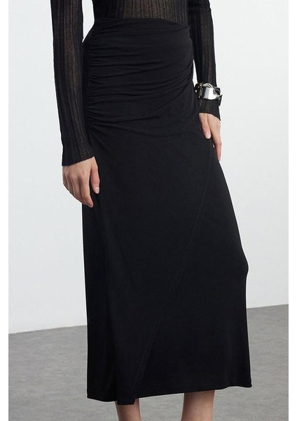 Modern Tarz Astarsız Örme Maxi Boy Büzgü Drape Detaylı Maxi Anvelop Esnek Etek modelleri