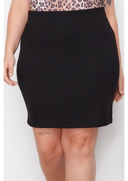 Modern Tarz Büyük Beden Astarsız Örme Mini Boy Beli Lastikli Örme Etek