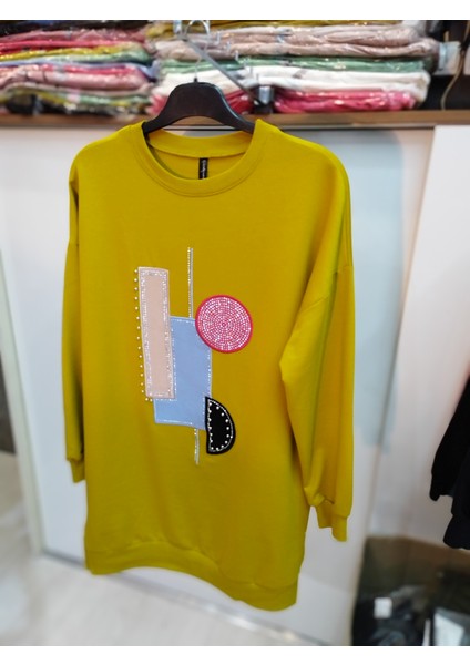 Bisiklet Yaka Uzun Sweatshirt Geometri Sarı