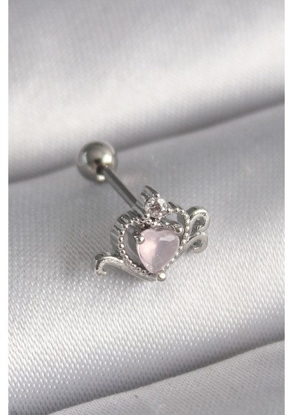 Gümüş Renk Pembe Mineli Kalp Zirkon Taş Detay Tragus Piercing - EBJ241123W29412