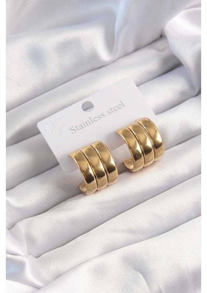 Altın Renk 3lü Görünüm Bombe Model Yarım Halka Küpe - EBJ241123W28266