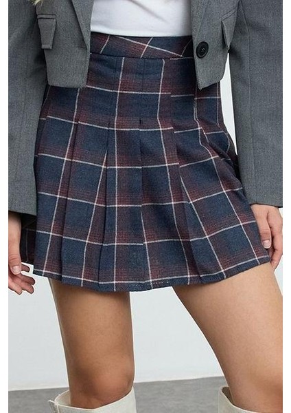Modern Tarz Astarsız Dokuma Mini Boy Pilise Detaylı Ekose Desen Mini Boy Etek