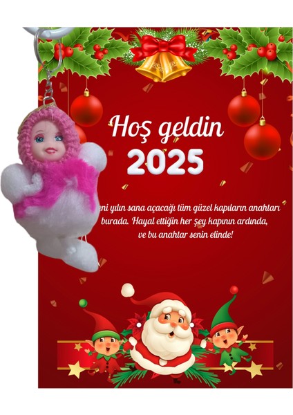 Yeni Yıl Noel Baba Kart Üzerinde Anahtarlık (Kişiye Özel Yazı Yazdırılabilir) Peluş Bebek 5 Adet