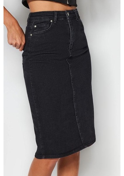 Modern Tarz Astarsız Denim Midi Boy Yüksek Bel Midi Kalem Denim Etek fiyatları