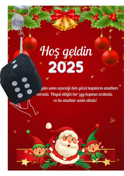 Yeni Yıl Noel Baba Kart Üzerinde Anahtarlık (Kişiye Özel Yazı Yazdırılabilir) Zar Model 5 Adet