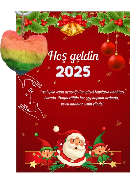 Yeni Yıl Noel Baba Kart Üzerinde Anahtarlık (Kişiye Özel Yazı Yazdırılabilir) Renkli Kalp 5 Adet