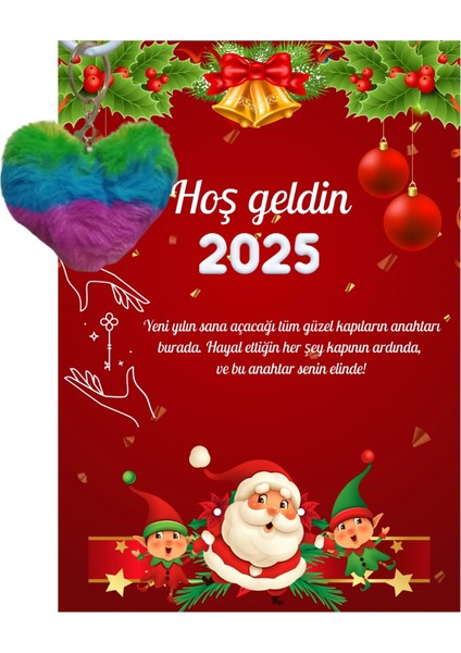 Yeni Yıl Noel Baba Kart Üzerinde Anahtarlık (Kişiye Özel Yazı Yazdırılabilir) Renkli Kalp 5 Adet