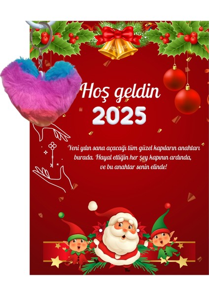 Yeni Yıl Noel Baba Kart Üzerinde Anahtarlık (Kişiye Özel Yazı Yazdırılabilir) Renkli Kalp 5 Adet