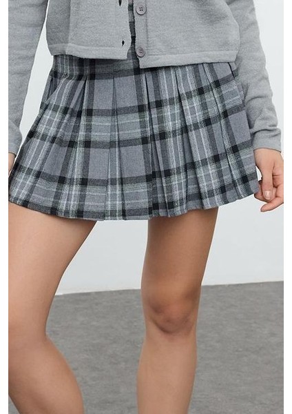 Modern Tarz Astarsız Dokuma Mini Boy Pileli Ekose Desenli Dokuma Mini Etek modelleri
