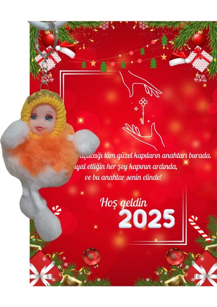 Yeni Yıl 2025 Kart Üzerinde Anahtarlık (Kişiye Özel Yazı Yazdırılabilir) Peluş Bebek 5 Adet