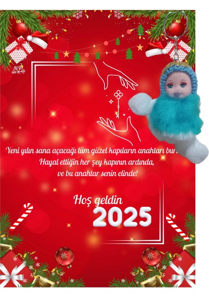 Yeni Yıl 2025 Kart Üzerinde Anahtarlık (Kişiye Özel Yazı Yazdırılabilir) Peluş Bebek 5 Adet
