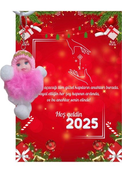 Yeni Yıl 2025 Kart Üzerinde Anahtarlık (Kişiye Özel Yazı Yazdırılabilir) Peluş Bebek 5 Adet