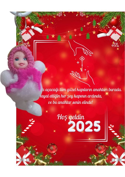 Yeni Yıl 2025 Kart Üzerinde Anahtarlık (Kişiye Özel Yazı Yazdırılabilir) Peluş Bebek 5 Adet