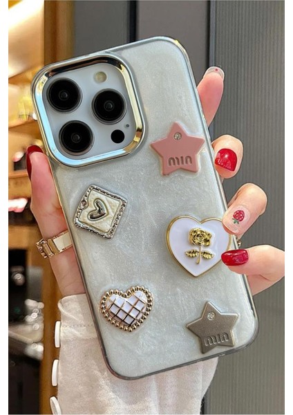 Iphone 15 Pro Max Uyumlu 3D Taş Kurdele Kelebek Kalp Işleme Motifli Sert Kapak