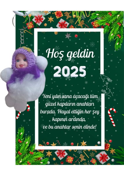Yeni Yıl Kart Üzerinde Anahtarlık (Kişiye Özel Yazı Yazdırılabilir) Peluş Bebek 5 Adet