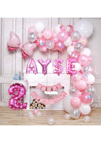 Kız Doğum Günü Süsü Parti Seti Özel Isim Yazılı Pembe Kurdeleli Pembe Şeffaf Beyaz Balon Seti 2 Yaş