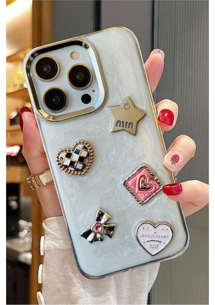 Iphone 15 Pro Max Uyumlu 3D Taş Kurdele Kelebek Kalp Işleme Motifli Sert Kapak