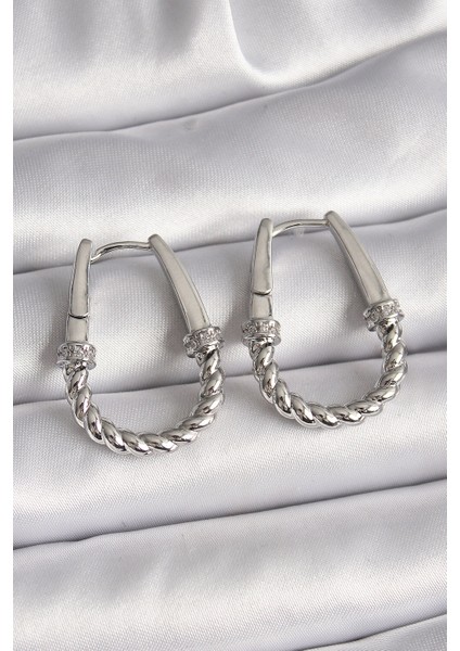 Gümüş Renk Zirkon Taş Detaylı Burma Halka Model Kadın Küpe - EBJ241123W29346